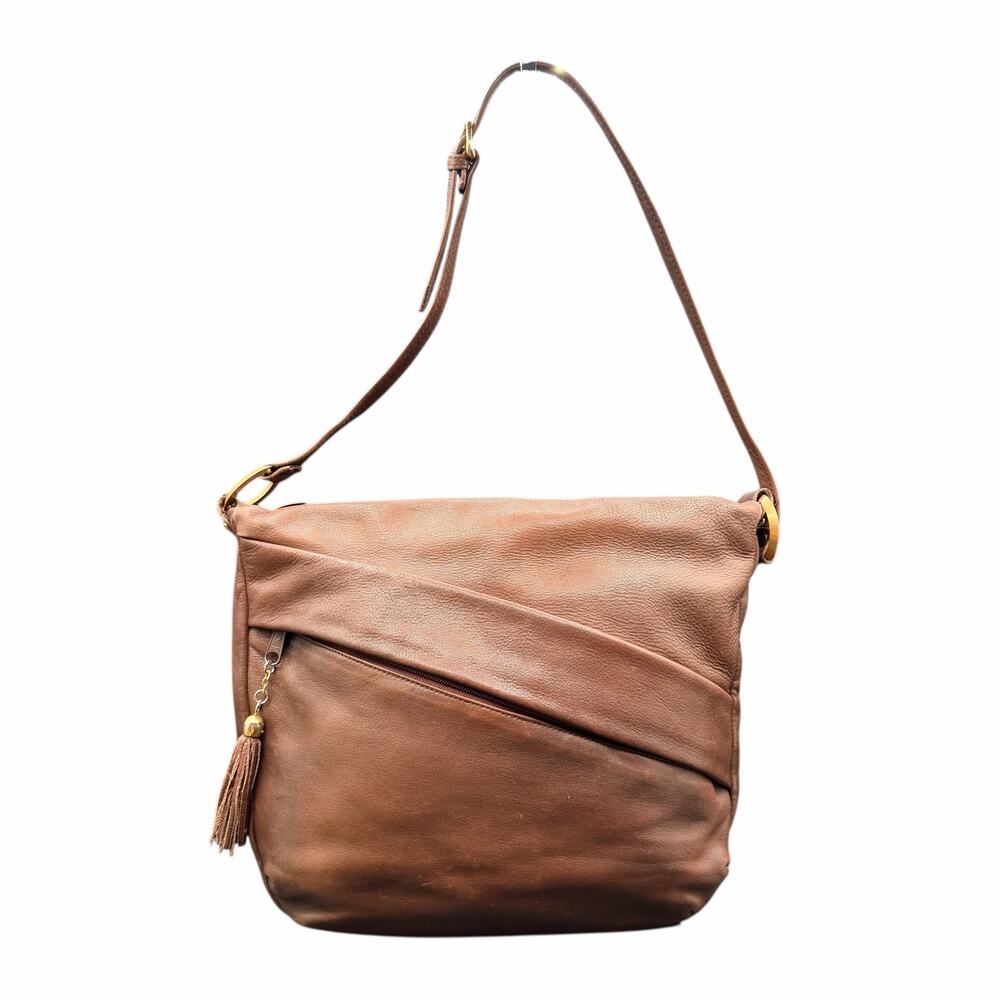 Lord & Taylor Brown Leather Shoulder Bag Slouchy Hobo Zip Tassel